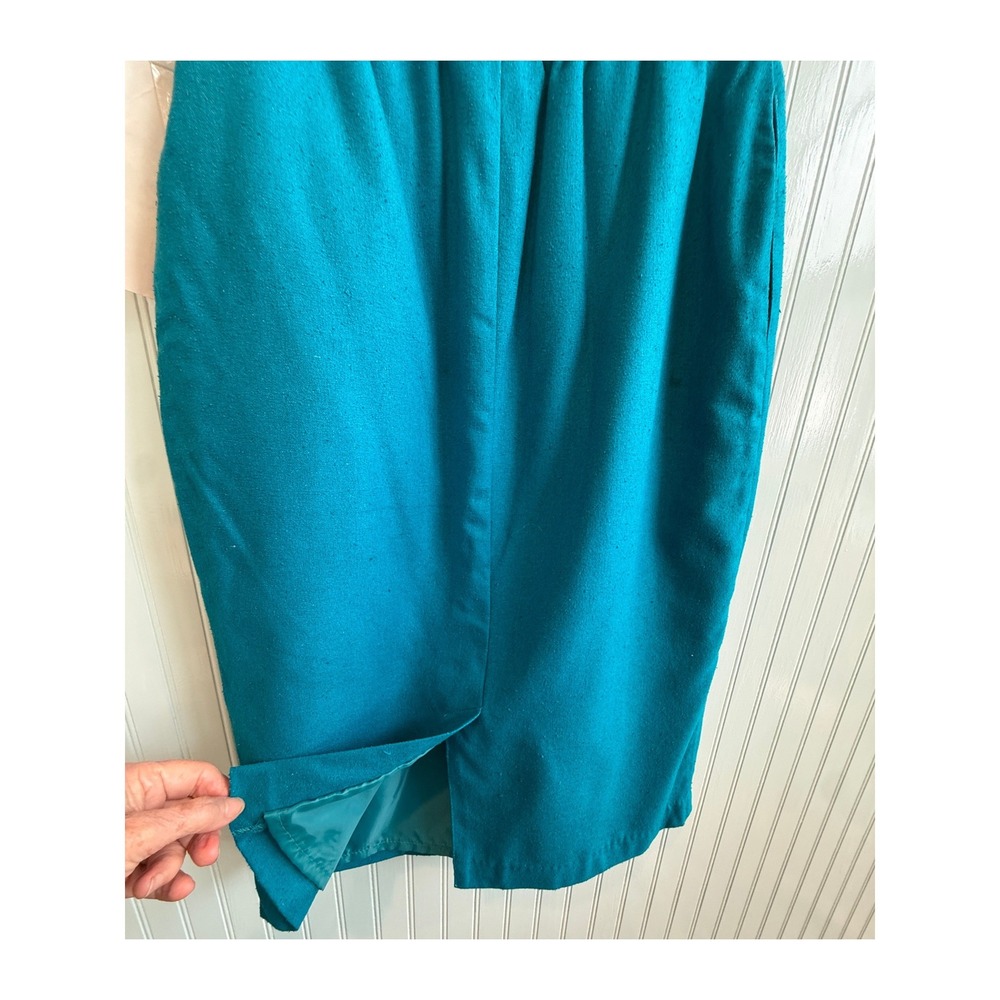 VTG 80s SK & Company Turquoise Pure Silk Pencil Skirt Pockets Size 6 Office Work - Picture 5 of 8